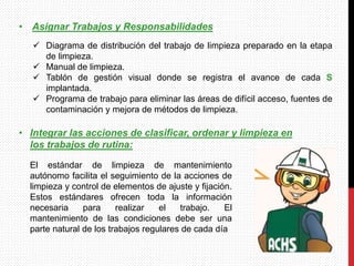  Diagrama de distribución del trabajo de limpieza preparado en la etapa
de limpieza.
 Manual de limpieza.
 Tablón de gestión visual donde se registra el avance de cada S
implantada.
 Programa de trabajo para eliminar las áreas de difícil acceso, fuentes de
contaminación y mejora de métodos de limpieza.
• Asignar Trabajos y Responsabilidades
El estándar de limpieza de mantenimiento
autónomo facilita el seguimiento de la acciones de
limpieza y control de elementos de ajuste y fijación.
Estos estándares ofrecen toda la información
necesaria para realizar el trabajo. El
mantenimiento de las condiciones debe ser una
parte natural de los trabajos regulares de cada día
• Integrar las acciones de clasificar, ordenar y limpieza en
los trabajos de rutina:
 
