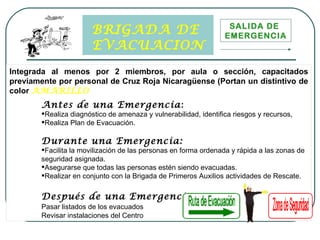 BRIGADA DE  EVACUACION Integrada al menos por 2 miembros, por aula o sección, capacitados previamente por personal de Cruz Roja Nicaragüense (Portan un distintivo de color  AMARILLO Antes de una Emergencia :   Realiza diagnóstico de amenaza y vulnerabilidad, identifica riesgos y recursos,  Realiza Plan de Evacuación. Durante una Emergencia: Facilita la movilización de las personas en forma ordenada y rápida a las zonas de seguridad asignada. Asegurarse que todas las personas estén siendo evacuadas. Realizar en conjunto con la Brigada de Primeros Auxilios actividades de Rescate. Después de una Emergencia : Pasar listados de los evacuados Revisar instalaciones del Centro SALIDA DE  EMERGENCIA 