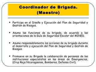 Coordinador de Brigada. (Maestro) Participa en el Diseño y Ejecución del Plan de Seguridad y Gestión de Riesgos. Asume las funciones de su brigada, de acuerdo a las orientaciones de la Guía de Seguridad Escolar del MINED. Asume responsablemente las acciones de su brigada durante el desarrollo y ejecución del Plan de Seguridad y Gestión de Riesgos. Promueve en su Brigada la colaboración de personas de las instituciones especialistas en las áreas de Emergencias, (Cruz Roja Nicaragüense, Bomberos, Defensa Civil). 