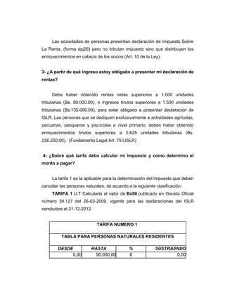 Las sociedades de personas presentan declaración de Impuesto Sobre
La Renta, (forma dpj26) pero no tributan impuesto sino que distribuyen los
enriquecimientos en cabeza de los socios (Art. 10 de la Ley).
3- ¿A partir de qué ingreso estoy obligado a presentar mi declaración de
rentas?
Debe haber obtenido rentas netas superiores a 1.000 unidades
tributarias (Bs. 90.000.00), o ingresos brutos superiores a 1.500 unidades
tributarias (Bs.135.000.00), para estar obligado a presentar declaración de
ISLR. Las personas que se dediquen exclusivamente a actividades agrícolas,
pecuarias, pesqueras y piscícolas a nivel primario, deben haber obtenido
enriquecimientos brutos superiores a 2.625 unidades tributarias (Bs.
236.250.00). (Fundamento Legal Art. 79 LISLR)
4- ¿Sobre qué tarifa debo calcular mi impuesto y como determino el
monto a pagar?
La tarifa 1 es la aplicable para la determinación del impuesto que deben
cancelar las personas naturales, de acuerdo a la siguiente clasificación:
TARIFA 1 U.T Calculada al valor de Bs90 publicado en Gaceta Oficial
número 39.127 del 26-02-2009, vigente para las declaraciones del ISLR
concluidos el 31-12-2012
TARIFA NUMERO 1
TABLA PARA PERSONAS NATURALES RESIDENTES
DESDE HASTA % SUSTRAENDO
0,00 90.000,00 6 0,00
 