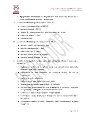 La Seguridad en Instituciones de Educación Superior.
Estado actual y recomendaciones

C. Equipamiento relacionado con la protección civil: extintores, detectores de
humo, medidores de radiación y ambulancias.
19.

El equipamiento con el que más cuentan las IES es:



Bardas perimetrales (80.7%).



Sistema de radio comunicación (radios de onda corta) (78.0%).



Puertas de acceso (78.0%).


20.

Casetas o garitas de vigilancia (89.9%).

Plumas (63.3%).

El equipamiento con el que menos cuentan las IES es:



Botones de emergencia (29.4%).



Puertas electrónicas (28.4%).



Unidades móviles motocicletas (28.4%).


21.

Unidades móviles automóviles (32.1%).

Unidades móviles bicicletas (24.8%).

Entre los temas que han atendido las IES para integrar su sistema de seguridad se
encuentran:


Reglamentos tanto para el vigilante como para administrativos, comunidad
estudiantil, directivos y docentes.



Reglamentos de estacionamiento, del transporte interno, del uso de
instalaciones.



Reglamento contra adicciones.



Reglamentos de seguridad e higiene de trabajo.



Guía de documentos para las actividades de vigilancia.



Formatos para actividades del personal de vigilancia, de los comités o consejos
de seguridad y para brigadas en escenarios de simulacros.



Campañas en materia de prevención y autoprotección.



Contratos de servicio de empresas de seguridad privada y el señalamiento de
las consignas.



Protocolo para salidas de campo, incidentes: graves, medianamente graves o
muy graves.

Página 25 de 196

 