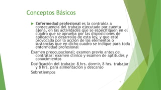 Conceptos Básicos
 Enfermedad profesional es la contraída a
consecuencia del trabajo ejecutado por cuenta
ajena, en las actividades que se especifiquen en el
cuadro que se aprueba por las disposiciones de
aplicación y desarrollo de esta ley, y que esté
provocada por la acción de los elementos o
sustancias que en dicho cuadro se indique para toda
enfermedad profesional
Examen preocupacional: examen previo antes de
contratar: examen clínico y examen de aptitudes y
conocimientos
Dosificación del trabajo: 8 hrs. dormir, 8 hrs. trabajar
y 8 hrs. para alimentación y descanso
Sobretiempos
31
 