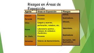 Asfixia.
Quemaduras.
Silicosis.
Saturnismo.
Quemaduras
Dermatitis, SNC
Quemaduras.
Áreas en Exposición RiesgosAgente
Cianuro
Peroxido
Sílice
Plomo
Ac. Clorh.
Solventes
Procesos
Procesos
Carguío y acarreo,
perforación, voladura, etc.
Laboratorio químico ,
trabajos de soldadura
(fundición).
Procesos
Talleres de Mantenimiento.
Riesgos en Áreas de
Exposición
 