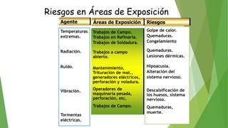 Golpe de calor.
Quemaduras.
Congelamiento
Quemaduras.
Lesiones dérmicas.
Hipoacusia.
Alteración del
sistema nervioso.
Descalsificación de
los huesos, sistema
nervioso.
Quemaduras,
muerte.
RiesgosAgente
Temperaturas
extremas.
Radiación.
Ruido.
Vibración.
Tormentas
eléctricas.
Áreas de Exposición
Trabajos de Campo.
Trabajos en Refinería.
Trabajos de Soldadura.
Trabajos a campo
abierto.
Mantenimiento,
Trituración de mat.,
generadores eléctricos,
perforación y voladura.
Operadores de
maquinaria pesada,
perforación, etc.
Trabajos de Campo.
Riesgos en Áreas de Exposición
 