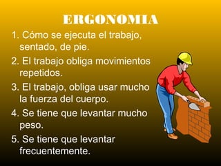 ERGONOMIA
1. Cómo se ejecuta el trabajo,
sentado, de pie.
2. El trabajo obliga movimientos
repetidos.
3. El trabajo, obliga usar mucho
la fuerza del cuerpo.
4. Se tiene que levantar mucho
peso.
5. Se tiene que levantar
frecuentemente.
 