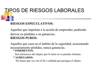 TIPOS DE RIESGOS LABORALES

 RIESGOS ESPECULATIVOS:
 Aquellos que impulsan a la acción de emprender, pudiendo
 derivar en pérdidas o en ganancias.
 RIESGOS PUROS:
 Aquellos que caen en el ámbito de la seguridad; ocasionando
 necesariamente pérdidas, nunca ganancias.
  INHERENTES:
   Son intrínsecos del objeto; por lo tanto no se pueden eliminar.
  AGREGADOS:
   No tienen que ver con el fin o utilidad que persigue el objeto.
 