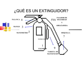 ¿QUÉ ES UN EXTINGUIDOR?
                                          PASADOR DE
PALANCA   4                         5Y6   SEGURIDAD
                                              Y
                                          ABRAZADERA
 MANGO    3

    MANOMETRO   2                             BOQUILLA
                        8                         7
                    INSTRUCCIONES




                         1
                    CILINDRO         9
                                TARJETA DE
                                MANTENCION
 