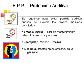 E.P.P. – Protección Auditiva

    Es requerido para evitar perdida auditiva
    cuando se exceda los niveles maximos
    permitidos

    • Areas a usarse: Taller de mantenimiento
      de soldadura, compresores

    • Reemplazo: Minimo 6 meses

    • Deberá guardarse en su estuche, en un
      lugar seco.
 