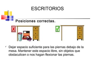 ESCRITORIOS

        Posiciones correctas.




   Dejar espacio suficiente para las piernas debajo de la
    mesa. Mantener este espacio libre, sin objetos que
    obstaculicen o nos hagan flexionar las piernas.
 