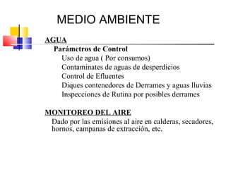 MEDIO AMBIENTE
AGUA
  Parámetros de Control
    Uso de agua ( Por consumos)
    Contaminates de aguas de desperdicios
    Control de Efluentes
    Diques contenedores de Derrames y aguas lluvias
    Inspecciones de Rutina por posibles derrames

MONITOREO DEL AIRE
 Dado por las emisiones al aire en calderas, secadores,
 hornos, campanas de extracción, etc.
 