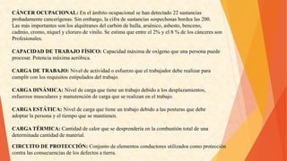 CÁNCEROCUPACIONAL:Enelámbitoocupacionalsehandetectado22sustancias 
probadamentecancerígenas.Sinembargo,lacifradesustanciassospechosasbordealas200. 
Lasmásimportantessonlosalquitranesdelcarbóndehulla,arsénico,asbesto,benceno, 
cadmio,cromo,níquelyclorurodevinilo.Seestimaqueentreel2%yel8%deloscánceresson 
Profesionales. 
CAPACIDADDETRABAJOFÍSICO:Capacidadmáximadeoxígenoqueunapersonapuede 
procesar.Potenciamáximaaeróbica. 
CARGADETRABAJO:Niveldeactividadoesfuerzoqueeltrabajadordeberealizarpara 
cumplirconlosrequisitosestipuladosdeltrabajo. 
CARGADINÁMICA:Niveldecargaquetieneuntrabajodebidoalosdesplazamientos, 
esfuerzosmuscularesymanutencióndecargaqueserealizaneneltrabajo. 
CARGAESTÁTICA:Niveldecargaquetieneuntrabajodebidoalasposturasquedebe 
adoptarlapersonayeltiempoquesemantienen. 
CARGATÉRMICA:Cantidaddecalorquesedesprenderíaenlacombustióntotaldeuna 
determinadacantidaddematerial. 
CIRCUITODEPROTECCIÓN:Conjuntodeelementosconductoresutilizadoscomoprotección 
contralasconsecuenciasdelosdefectosatierra.  