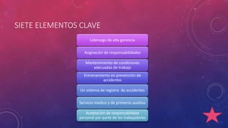 SIETE ELEMENTOS CLAVE 
Liderazgo de alta gerencia 
Asignación de responsabilidades 
Mantenimiento de condiciones 
adecuadas de trabajo 
Entrenamiento en prevención de 
accidentes 
Un sistema de registro de accidentes 
Servicio medico y de primeros auxilios 
Aceptación de responsabilidad 
personal por parte de los trabajadores 
 