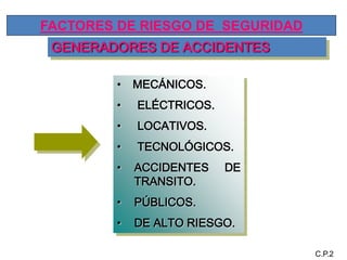 C.P.2
GENERADORES DE ACCIDENTES
FACTORES DE RIESGO DE SEGURIDAD
• MECÁNICOS.
• ELÉCTRICOS.
• LOCATIVOS.
• TECNOLÓGICOS.
• ACCIDENTES DE
TRANSITO.
• PÚBLICOS.
• DE ALTO RIESGO.
 