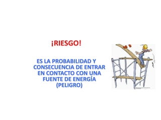¡RIESGO!
ES LA PROBABILIDAD Y
CONSECUENCIA DE ENTRAR
EN CONTACTO CON UNA
FUENTE DE ENERGÍA
(PELIGRO)
 