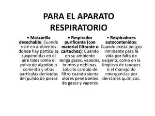 PARA EL APARATO
RESPIRATORIO
• Mascarilla
desechable: Cuando
esté en ambientes
donde hay partículas
suspendidas en el
aire tales como el
polvo de algodón o
cemento y otras
partículas derivadas
del pulido de piezas
• Respirador
purificante (con
material filtrante o
cartuchos): Cuando
en su ambiente
tenga gases, vapores,
humos y neblinas.
Solicite cambio de
filtro cuando sienta
olores penetrantes
de gases y vapores
• Respiradores
autocontenidos:
Cuando exista peligro
inminente para la
vida por falta de
oxigeno, como en la
limpieza de tanques
o el manejo de
emergencias por
derrames químicos.
 