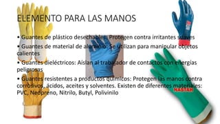ELEMENTO PARA LAS MANOS
• Guantes de plástico desechables: Protegen contra irritantes suaves
• Guantes de material de aluminio: Se utilizan para manipular objetos
calientes
• Guantes dieléctricos: Aíslan al trabajador de contactos con energías
peligrosas
• Guantes resistentes a productos químicos: Protegen las manos contra
corrosivos, ácidos, aceites y solventes. Existen de diferentes materiales:
PVC, Neopreno, Nitrilo, Butyl, Polivinilo
 