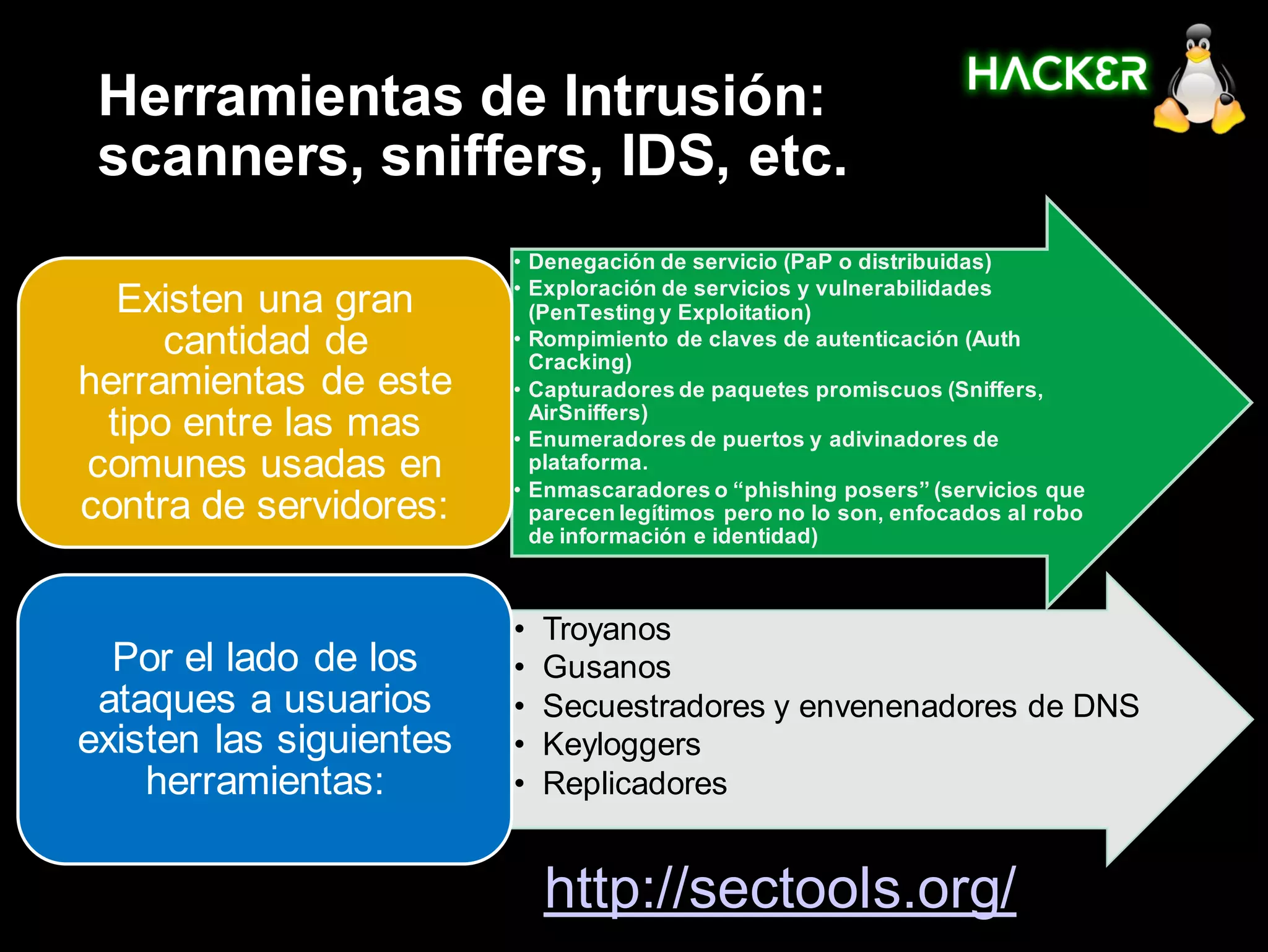 Herramientas de Intrusión:
 scanners, sniffers, IDS, etc.
                         • Denegación de servicio (PaP o distribuidas)
                         • Exploración de servicios y vulnerabilidades
  Existen una gran         (PenTesting y Exploitation)
     cantidad de         • Rompimiento de claves de autenticación (Auth
                           Cracking)
herramientas de este     • Capturadores de paquetes promiscuos (Sniffers,
                           AirSniffers)
 tipo entre las mas      • Enumeradores de puertos y adivinadores de
comunes usadas en          plataforma.
                         • Enmascaradores o “phishing posers” (servicios que
contra de servidores:      parecen legítimos pero no lo son, enfocados al robo
                           de información e identidad)



                         •   Troyanos
  Por el lado de los     •   Gusanos
 ataques a usuarios      •   Secuestradores y envenenadores de DNS
existen las siguientes   •   Keyloggers
    herramientas:        •   Replicadores


                             http://sectools.org/
 