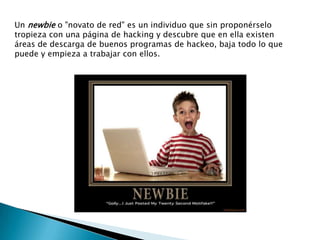 Un newbie o "novato de red" es un individuo que sin proponérselo
tropieza con una página de hacking y descubre que en ella existen
áreas de descarga de buenos programas de hackeo, baja todo lo que
puede y empieza a trabajar con ellos.
 