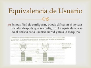 Equivalencia de Usuario
          
 Es mas fácil de configurar, puede dificultar si se va a
  instalar después que se configuro. La equivalencia se
  da al darle a cada usuario su red y no a la maquina
 