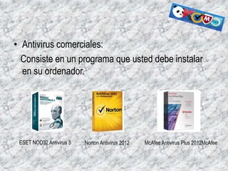 • Antivirus comerciales:
Consiste en un programa que usted debe instalar
en su ordenador.

ESET NOD32 Antivirus 5

Norton Antivirus 2012

McAfee Antivirus Plus 2012McAfee

 
