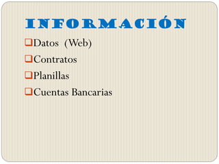 INFORMACIÓN
Datos (Web)
Contratos
Planillas
Cuentas Bancarias
 