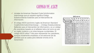 CODIGO DE ASCII
 iniciales de American Standard Code forInformation
Interchange que en español significa Código
Estadounidense Estándar para el Intercambio de
Información.
 El código ASCII (acrónimo inglés de American Standard
CodeforInformationInterchange — (Código Estadounidense
Estándar para el Intercambio de Información), es un código
de caracteres basado en el alfabeto latino tal como se usa
en inglés moderno y en otras lenguas occidentales. El
código ASCII utiliza 7 bits para representar los caracteres,
aunque inicialmente empleaba un bit adicional (bit de
paridad) que se usaba para detectar errores en la
transmisión.
 