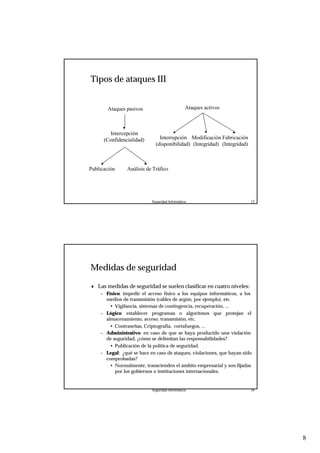 8
Seguridad Informática. 15
Tipos de ataques III
Ataques pasivos
Intercepción
(Confidencialidad)
Publicación Análisis de Tráfico
Ataques activos
Interrupción
(disponibilidad)
Modificación
(Integridad)
Fabricación
(Integridad)
Seguridad Informática. 16
Medidas de seguridad
♦ Las medidas de seguridad se suelen clasificar en cuatro niveles:
– Físico: impedir el acceso físico a los equipos informáticos, a los
medios de transmisión (cables de argón, por ejemplo), etc.
• Vigilancia, sistemas de contingencia, recuperación, ...
– Lógico: establecer programas o algoritmos que protejan el
almacenamiento, acceso, transmisión, etc.
• Contraseñas, Criptografía, cortafuegos, ...
– Administrativo: en caso de que se haya producido una violación
de seguridad, ¿cómo se delimitan las responsabilidades?
• Publicación de la política de seguridad.
– Legal: ¿qué se hace en caso de ataques, violaciones, que hayan sido
comprobadas?
• Normalmente, transcienden el ámbito empresarial y son fijadas
por los gobiernos o instituciones internacionales.
 