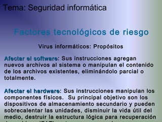 Afectar el softwareAfectar el software: Sus instrucciones agregan
nuevos archivos al sistema o manipulan el contenido
de los archivos existentes, eliminándolo parcial o
totalmente.
Afectar el hardwareAfectar el hardware: Sus instrucciones manipulan los
componentes físicos. Su principal objetivo son los
dispositivos de almacenamiento secundario y pueden
sobrecalentar las unidades, disminuir la vida útil del
medio, destruir la estructura lógica para recuperación
Factores tecnológicos de riesgo
Virus informáticos: Propósitos
Tema: Seguridad informática
 