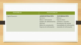 TANGIBLES INTANGIBLES
Capital financiero ADMINISTRACIÓN INFORMACIÓN
Servicios ficheros
Datos e información bases de datos
Equipos de administración contratos y acuerdos
Personal documentos del sistema
Redes de comunicación manualidades de información
Soportes de información materiales de información
 