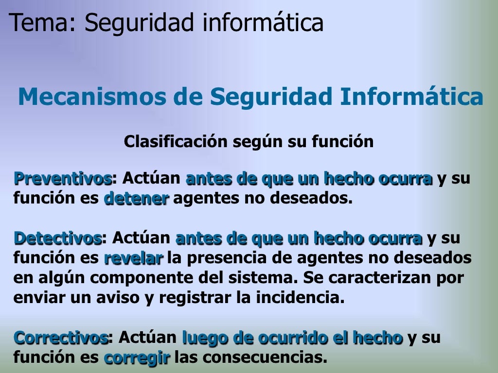 Tema: Seguridad informáticaMecanismos de Seguridad Informática             Clasificación según su funciónPreventivos: Actú...