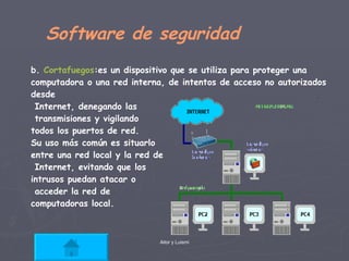 Software de seguridad b.  Cortafuegos :es un dispositivo que se utiliza para proteger una computadora o una red interna, de intentos de acceso no autorizados desde Internet, denegando las transmisiones y vigilando  todos los puertos de red.  Su uso más común es situarlo  entre una red local y la red de Internet, evitando que los  intrusos puedan atacar o acceder la red de  computadoras local.  