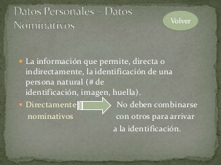  La información que permite, directa o
indirectamente, la identificación de una
persona natural (# de
identificación, imagen, huella).
 Directamente No deben combinarse
nominativos con otros para arrivar
a la identificación.
Volver
 