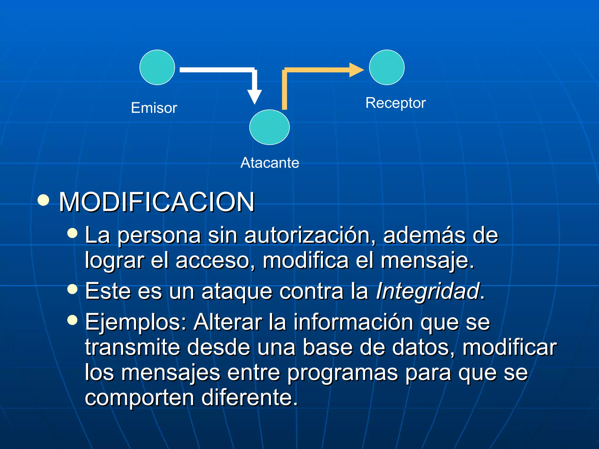 Emisor                Receptor



                    Atacante

   MODIFICACION
     La persona sin autorización, además de
      lograr el acceso, modifica el mensaje.
     Este es un ataque contra la Integridad.
     Ejemplos: Alterar la información que se
      transmite desde una base de datos, modificar
      los mensajes entre programas para que se
      comporten diferente.
 