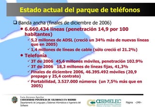 Estado actual del parque de teléfonos  Banda ancha (finales de diciembre de 2006) 6.660.434 líneas (penetración 14,9 por 100 habitantes) 5,2 millones de ADSL (crecíó un 34% más de nuevas líneas que en 2005) 1,4 millones de líneas de cable (sólo creció el 21.2%) Telefonía  3T de 2006 45,6 millones móviles, penetración 102.9% 3T de 2006  18,3 millones de líneas fijas, 41,3% Finales de diciembre 2006, 46.395.492 móviles (20,9 prepago y 25,4 contrato) Portabilidad, 3.527.000 números  (un 7,5% más que en 2005) Página  – – 
