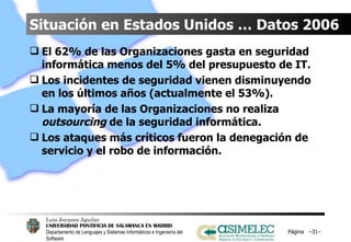 Situación en Estados Unidos … Datos 2006 El 62% de las Organizaciones gasta en seguridad informática menos del 5% del presupuesto de IT. Los incidentes de seguridad vienen disminuyendo en los últimos años (actualmente el 53%). La mayoría de las Organizaciones no realiza  outsourcing  de la seguridad informática. Los ataques más críticos fueron la denegación de servicio y el robo de información. Página  – – 