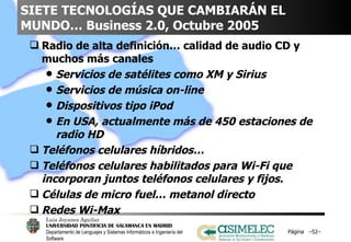 SIETE TECNOLOGÍAS QUE CAMBIARÁN EL MUNDO… Business 2.0, Octubre 2005 Radio de alta definición… calidad de audio CD y muchos más canales Servicios de satélites como XM y Sirius Servicios de música on-line Dispositivos tipo iPod En USA, actualmente más de 450 estaciones de radio HD Teléfonos celulares híbridos… Teléfonos celulares habilitados para Wi-Fi que incorporan juntos teléfonos celulares y fijos. Células de micro fuel… metanol directo Redes Wi-Max Página  – – 