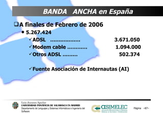 BANDA  ANCHA en España A finales de Febrero de 2006 5.267.424 ADSL  ………………  3.671.050 Modem cable …………  1.094.000 Otros ADSL ………  502.374 Fuente Asociación de Internautas (AI) Página  – – 