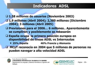 Indicadores  ADSL 1.58 millones de usuarios (Noviembre 2003) 1,9 millones (Abril 2004); 2,380 millones (Diciembre 2004); 3 millones (Abril 2005) Previsiones para el 2006… 6 millones.. Aparentemente se cumplirán y posiblemente se rebasarán España ocupa  la primera posición europea en disponibilidad de líneas ADSL vs Internautas 25% España 46% Francia y Alemania MCyT reconocía en 2004 que 5 millones de personas no pueden navegar a alta velocidad ADSL Página  – – 