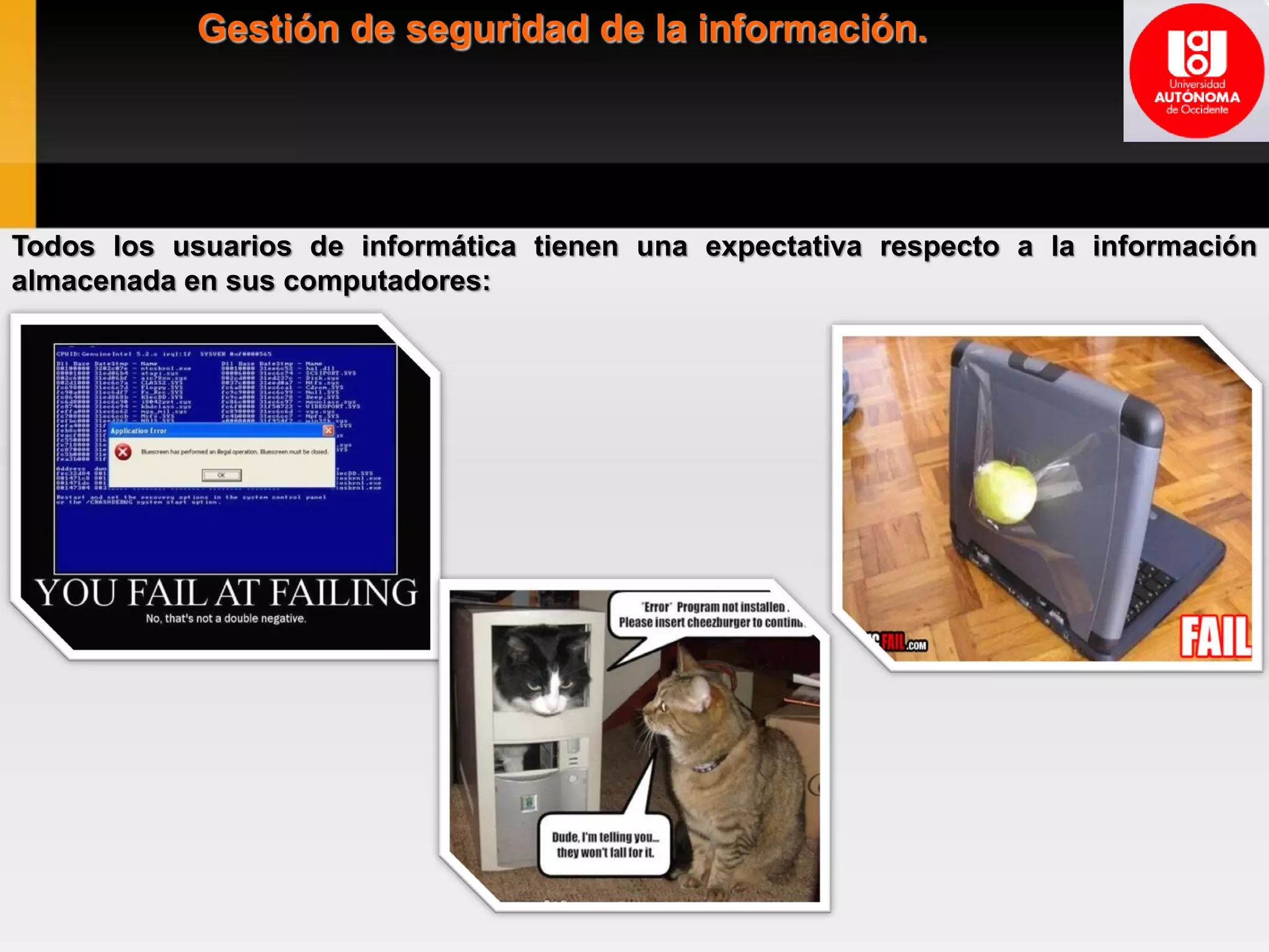 Gestión de seguridad de la información.
Todos los usuarios de informática tienen una expectativa respecto a la información
almacenada en sus computadores:
 