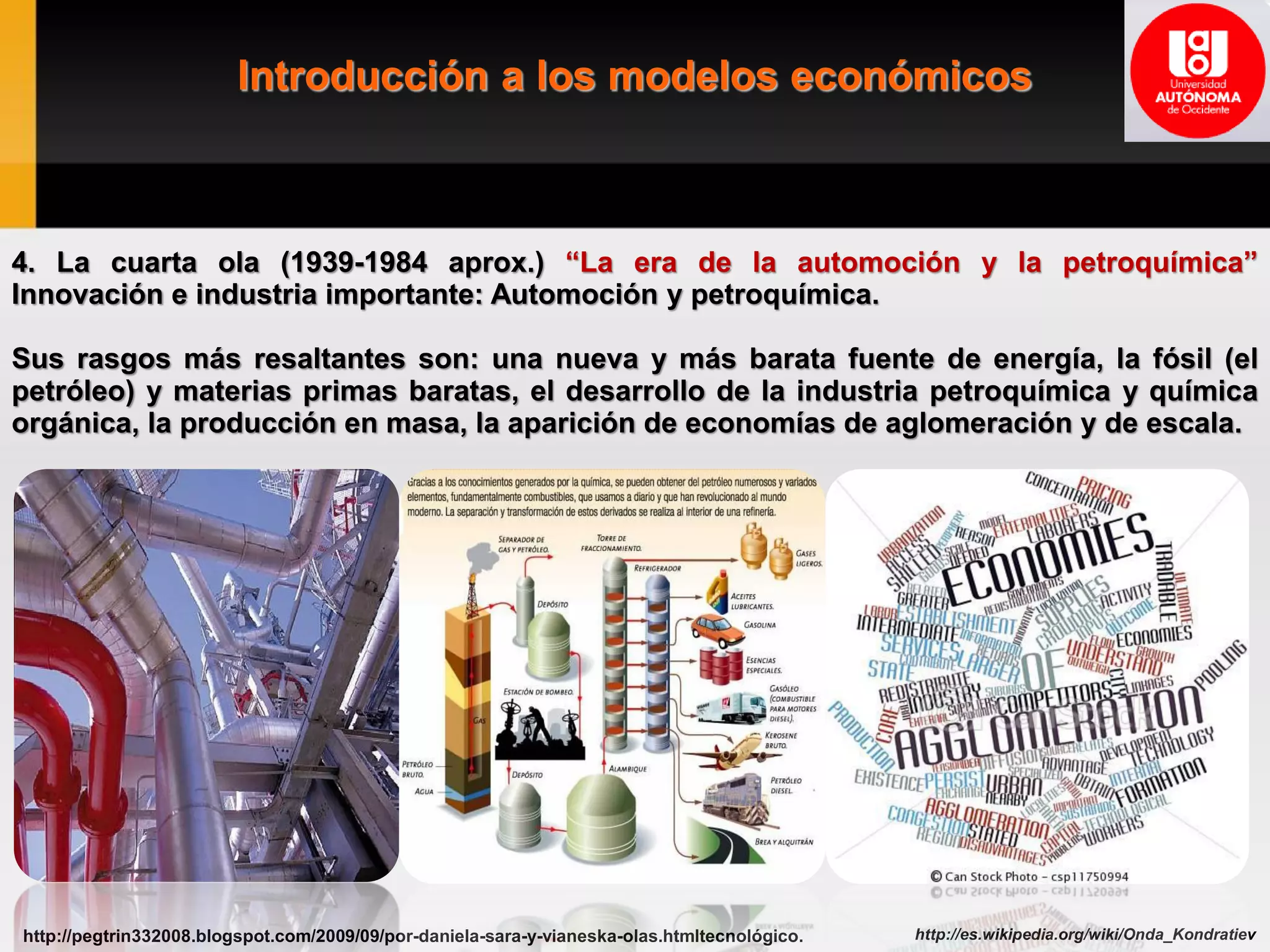Introducción a los modelos económicos
http://es.wikipedia.org/wiki/Onda_Kondratievhttp://pegtrin332008.blogspot.com/2009/09/por-daniela-sara-y-vianeska-olas.htmltecnológico.
4. La cuarta ola (1939-1984 aprox.) “La era de la automoción y la petroquímica”
Innovación e industria importante: Automoción y petroquímica.
Sus rasgos más resaltantes son: una nueva y más barata fuente de energía, la fósil (el
petróleo) y materias primas baratas, el desarrollo de la industria petroquímica y química
orgánica, la producción en masa, la aparición de economías de aglomeración y de escala.
 