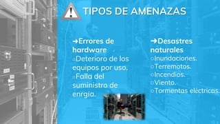 ➜Errores de
hardware
○Deterioro de los
equipos por uso.
○Falla del
suministro de
enrgía.
➜Desastres
naturales
○Inundaciones.
○Terremotos.
○Incendios.
○Viento.
○Tormentas eléctricas.
TIPOS DE AMENAZAS
 