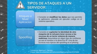 • Consiste en modificar los datos que nos permita
la aplicación, atacada sin ejecutar código en el
sistema operativo.
Ataques a
Nivel
Aplicacion
• Consiste en suplantar la identidad de otra
maquina de la red para tener acceso a los
recursos de un tercer sistema de manera
maliciosa, basándose en algún tipo de confianza
ya sea el nombre o la dirección IP. Una de las
técnicas más típicas del spoofing es el phising.
Spoofing
TIPOS DE ATAQUES A UN
SERVIDOR
Tomado de: Majerhua C. Servidor.
Enlace: https://es.slideshare.net/CarlosJavierMajerhua/servidor-51476265
 