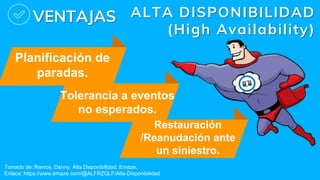 VENTAJAS ALTA DISPONIBILIDAD
(High Availability)
Tomado de: Ramos, Danny. Alta Disponibilidad. Emaze.
Enlace: https://www.emaze.com/@ALFRZQLF/Alta-Disponibilidad
Planificación de
paradas.
Tolerancia a eventos
no esperados.
Restauración
/Reanudación ante
un siniestro.
 