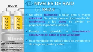 NIVELES DE RAID
RAID 0
 No ofrece tolerancia a fallos pero si mayor
velocidad. Se utiliza para el incremento del
rendimiento y los datos se dividen en
pequeños segmentos (stripes).
 Permite en paralelo la transferencia
simultánea de datos a gran velocidad.
 Recomendable en aplicaciones de tratamiento
de imágenes, audio y vídeo.
Tomado de: WIKIPEDIA
Enlace: https://es.wikipedia.org/wiki/
RAID
Tomado de: RAID Tolerancia a Fallos
Enlace: http://docencia.ac.upc.es/
FIBCASO/seminaris/2q0102/T3.ppt
 