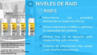  Sistema de información más usado
y con mucha redundancia.
RAID 5
NIVELES DE RAID
 Ofrece tolerancia a fallos y optimiza
la capacidad del sistema.
 Información con pariedad
distribuida en todos los discos.
 Mínimo tres (3) se necesita para
implementar este sistema.
Tomado de: RAID Tolerancia a Fallos
Enlace: http://docencia.ac.upc.es/FIBCASO/
seminaris/2q0102/T3.ppt
Tomado de: Institución Universitaria escolme
Enlace: https://es.slideshare.net/alex.
avila1976/presentacion-raid
 
