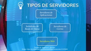 TIPOS DE SERVIDORES
Servidores de
Aplicaciones
Servidores de
Correo
Servidores Web
Servidores de
Bases de Datos
Tomado de: Majerhua C. Servidor.
Enlace: https://es.slideshare.net/CarlosJavierMajerhua/servidor-51476265
 
