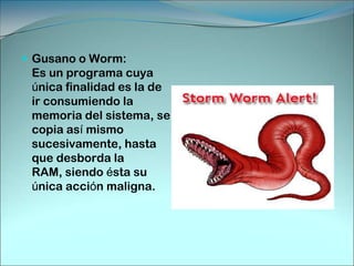 Virus de macros:Un macro es una secuencia de ordenes de teclado y mouse asignadas a una sola tecla, símbolo o comando. Son muy útiles cuando este grupo de instrucciones se necesitan repetidamente. Los virus de macros afectan a archivos y plantillas que los contienen, haciéndose pasar por una macro y actuaran hasta que el archivo se abra o utilice.