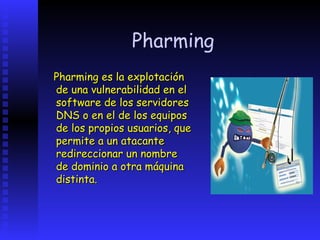 Pharming
Pharming es la explotación
de una vulnerabilidad en el
software de los servidores
DNS o en el de los equipos
de los propios usuarios, que
permite a un atacante
redireccionar un nombre
de dominio a otra máquina
distinta.
 