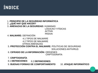 ÍNDICE
1. PRINCIPIO DE LA SEGURIDAD INFORMÁTICA
2. ¿QUÉ HAY QUE HACER?
3. AMENAZAS DE LA SEGURIDAD: HUMANAS
LÓGICAS Y FÍSICAS
ACTIVA
PASIVA
4. MALWARE: DEFINICIÓN
4.1 TIPOS DE MALWARE
4.2 TIPOS DE MALWARE
OTRAS AMENAZAS
5. PROTECCIÓN CONTRA EL MALWARE: POLÍTICAS DE SEGURIDAD
SOLUCIONES ANTIVIRUS
6. CIFRADO DE LA INFORMACIÓN: ORÍGENES
CRIPTOGRAFÍA
7. CRIPTOGRAFÍA
8.1 DEFINICIONES 8.2 DEFINICIONES
9. BUENAS FORMAS DE COMPORTAMIENTO 10. ATAQUE INFORMÁTICO
 
