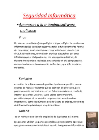 Seguridad Informática
•Amenazas a la máquina:software
malicioso
Virus
Un virus es un software(equipo lógico o soporte lógico de un sistema
informático) que tiene por objetivo alterar el funcionamiento normal
del ordenador, sin el permiso o el conocimiento del usuario. Los
virus, habitualmente, reemplazan archivos ejecutables por otros
infectados con el código de este. Los virus pueden destruir, de
manera intencionada, los datos almacenados en una computadora,
aunque también existen otros más inofensivos, que solo producen
molestias.
Keylogger
es un tipo de software o un dispositivo hardware específico que se
encarga de registrar las letras que se escriben en el teclado, para
posteriormente memorizarlas en un fichero o enviarlas a través de
internet para otros usuarios. Suele usarse como malware,
permitiendo que otros usuarios tengan acceso a contraseñas
importantes, como los números de una tarjeta de crédito, u otro tipo
de información privada que se quiera obtener.
Gusano
es un malware que tiene la propiedad de duplicarse a sí mismo.
Los gusanos utilizan las partes automáticas de un sistema operativo
que generalmente son invisibles al usuario. Los gusanos informáticos
 